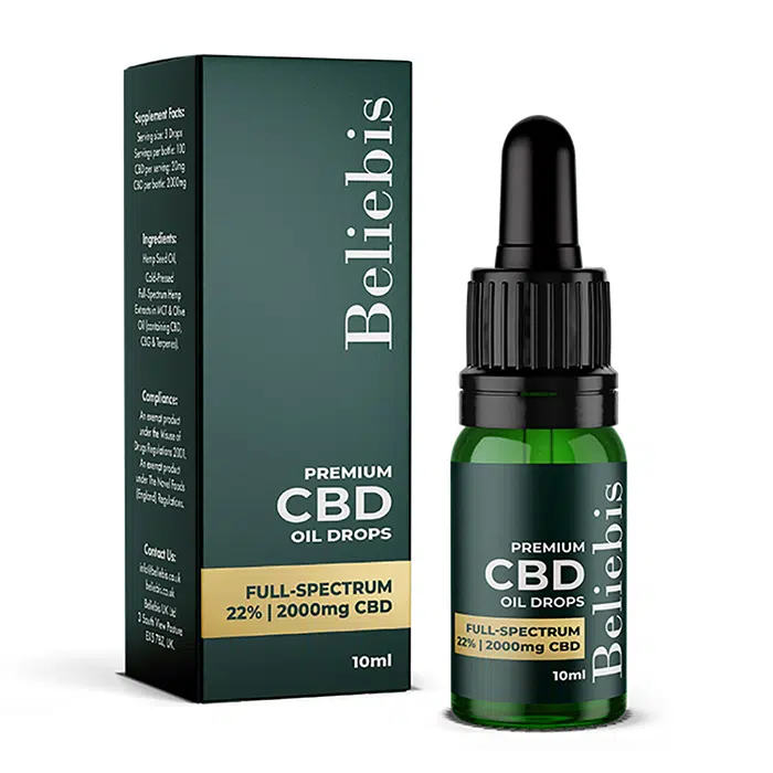 2000mg CBD oil in a green bottle next to its box