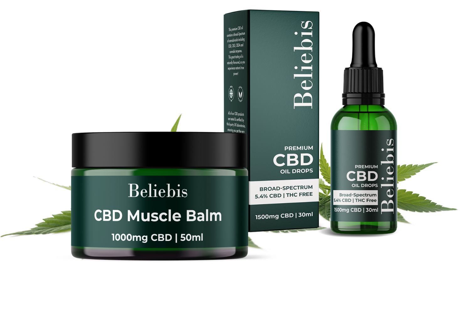 Two premium CBD Shop products in front of hemp leaves, a CBD muscle balm and a 1500mg CBD oil.